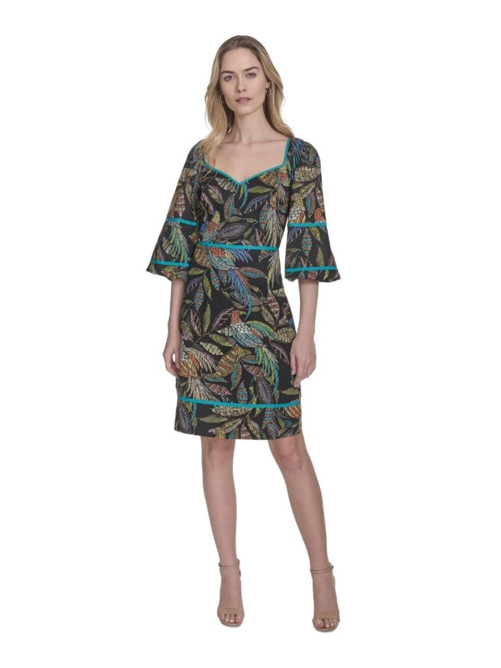 Vince Camuto Women's Cotton Leaf-Print Piped-Trim Dress Black Size 12 MSRP $138
